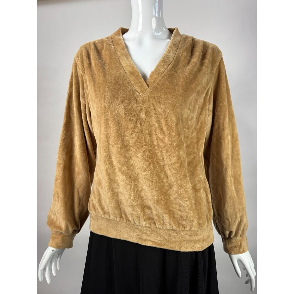 Vintage Panther Tan Velour V-Neck Long Sleeve Pullover Sweater Women’s Medium